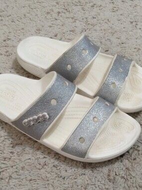Crocs Sandals Women’s Size 9 Glitter II White Silver Slides Slip On